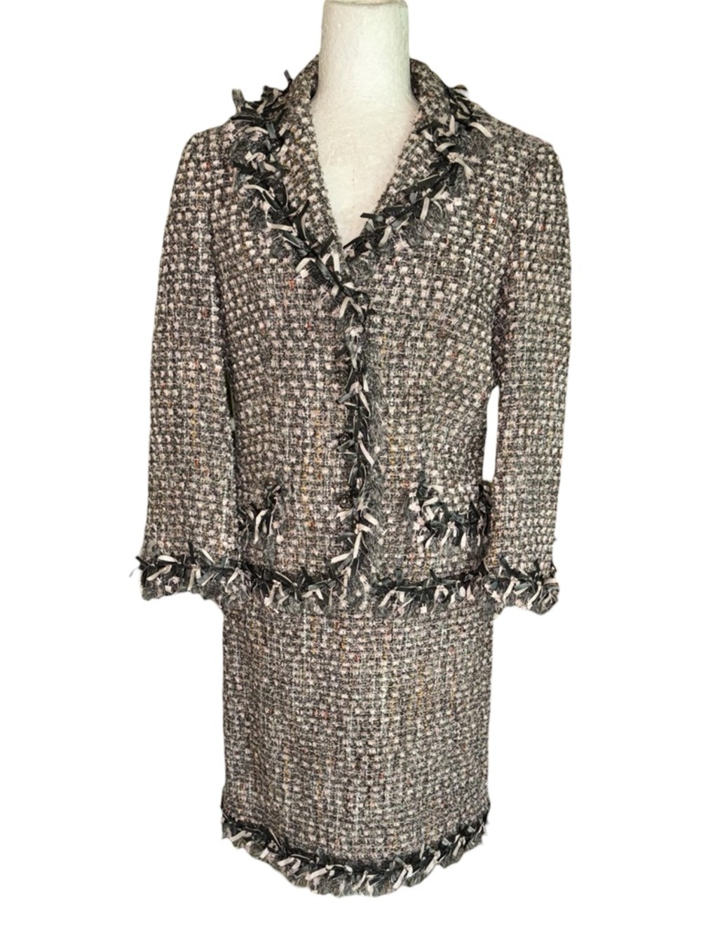 Teri Jon Rickie Freeman Pink Gray Tweed Fringe Bow Blazer & Skirt Set / Suit  10